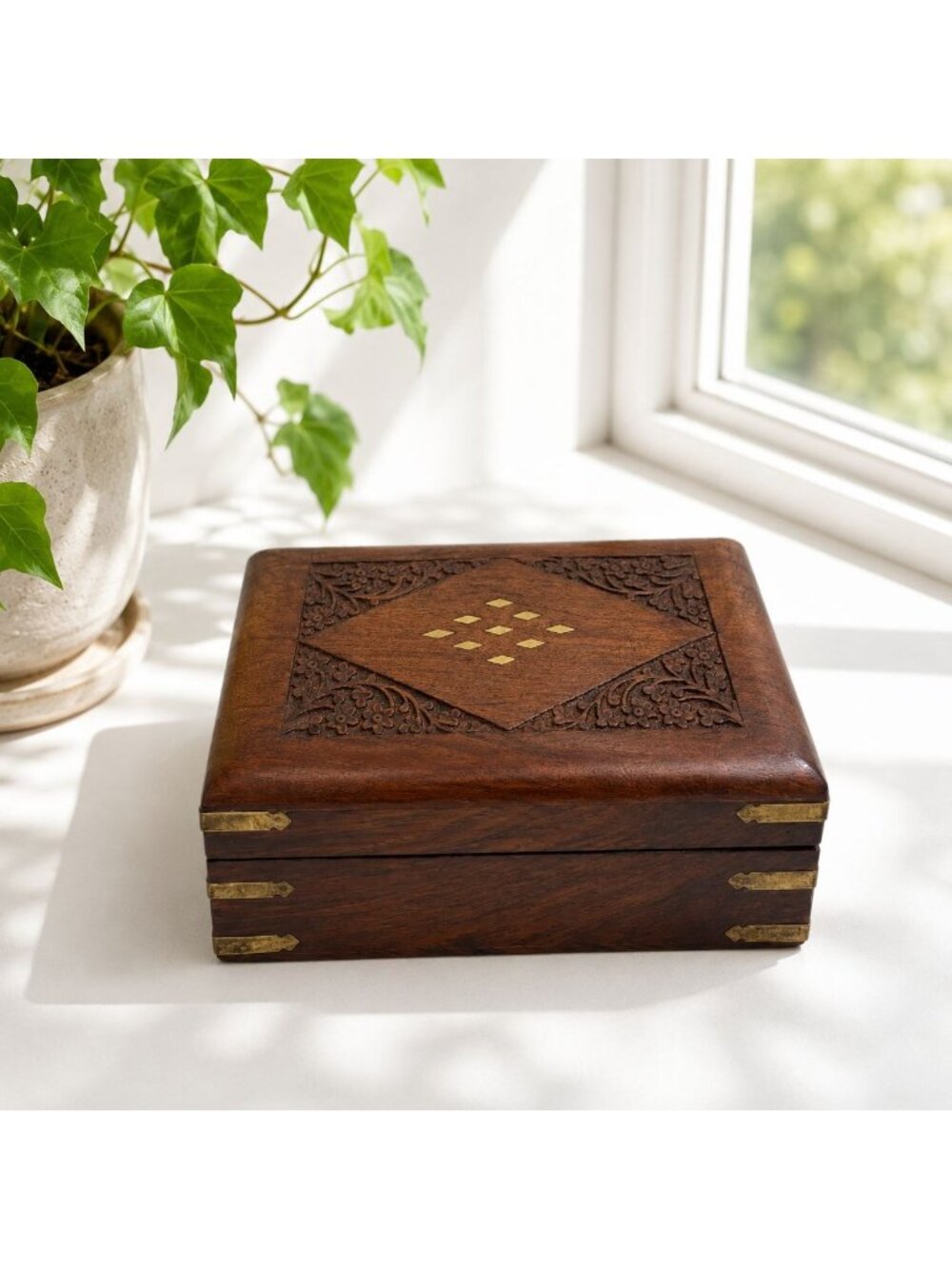 Handcrafted Wooden Jewelry Box With Floral Carvings & Brass Inlay Accents - 7x4.